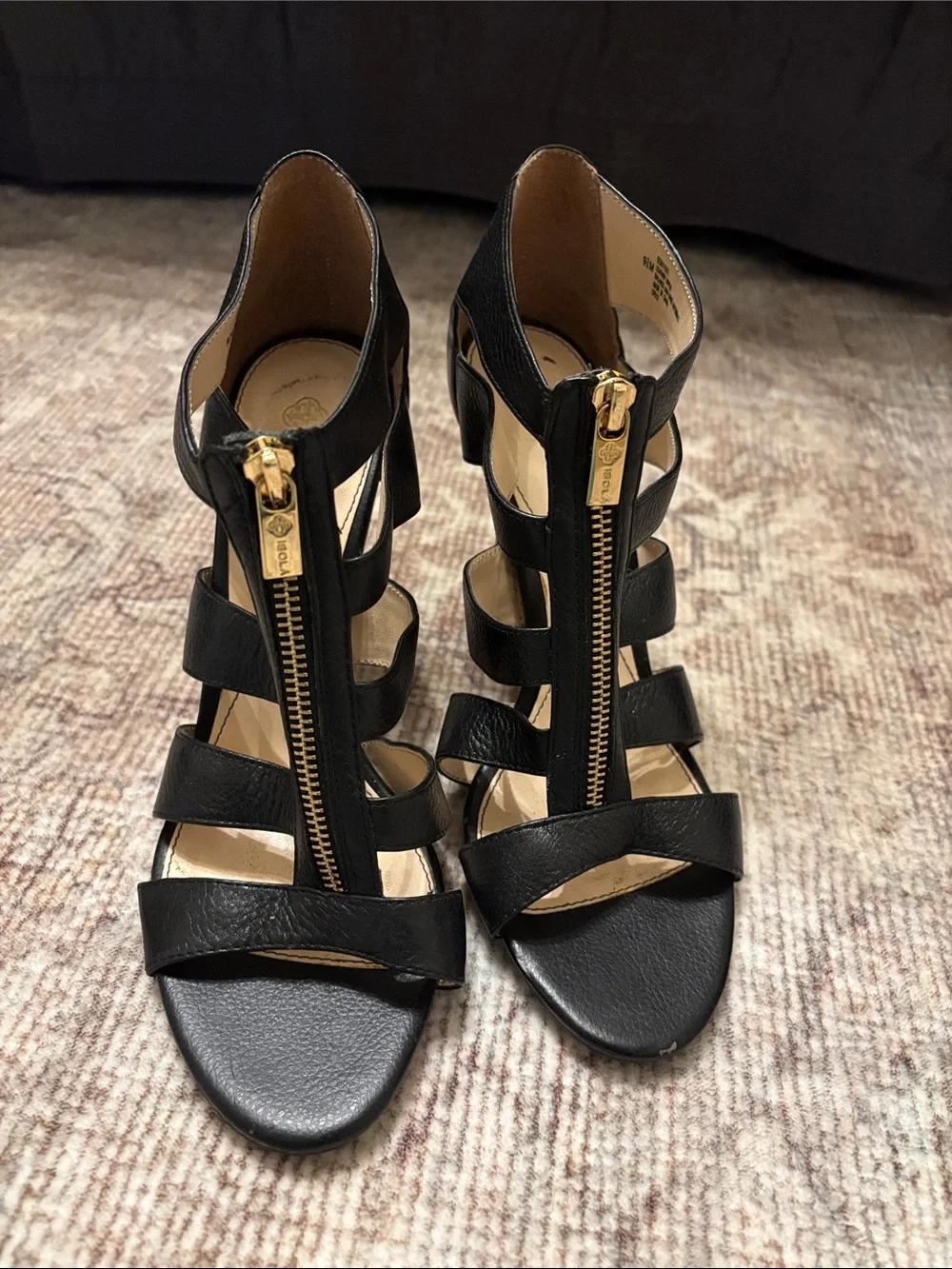 Isola Black Strappy Zip-Front Women’s Heels